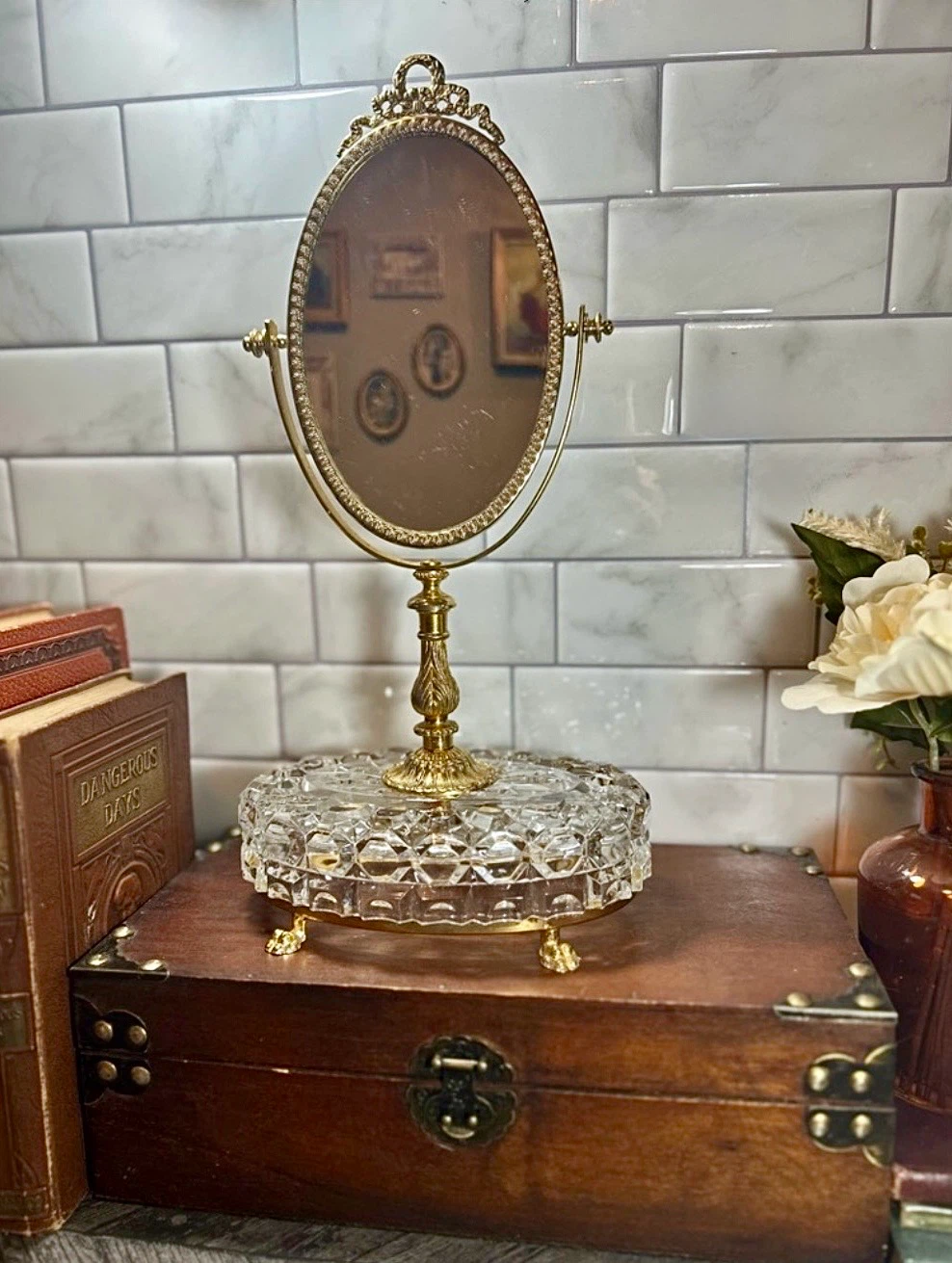 Antique Victorian Brass Footed Crystal Base Vanity Mirror