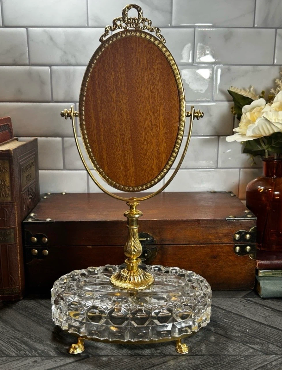 Antique Victorian Brass Footed Crystal Base Vanity Mirror - photo 2