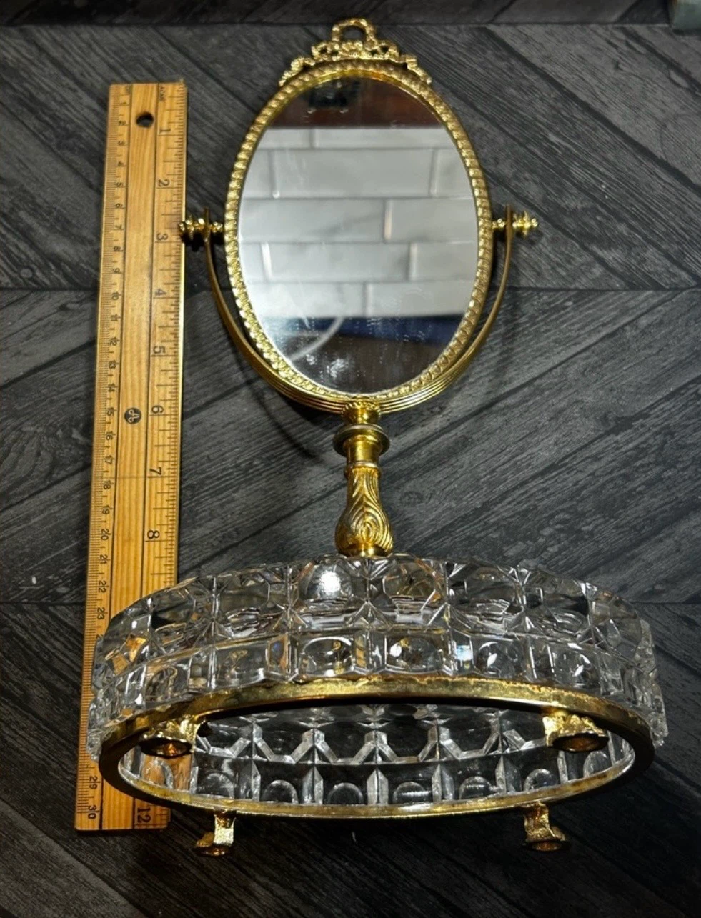 Antique Victorian Brass Footed Crystal Base Vanity Mirror - photo 3