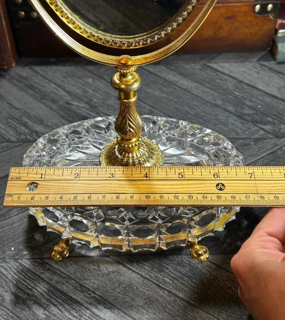 Antique Victorian Brass Footed Crystal Base Vanity Mirror - photo 4