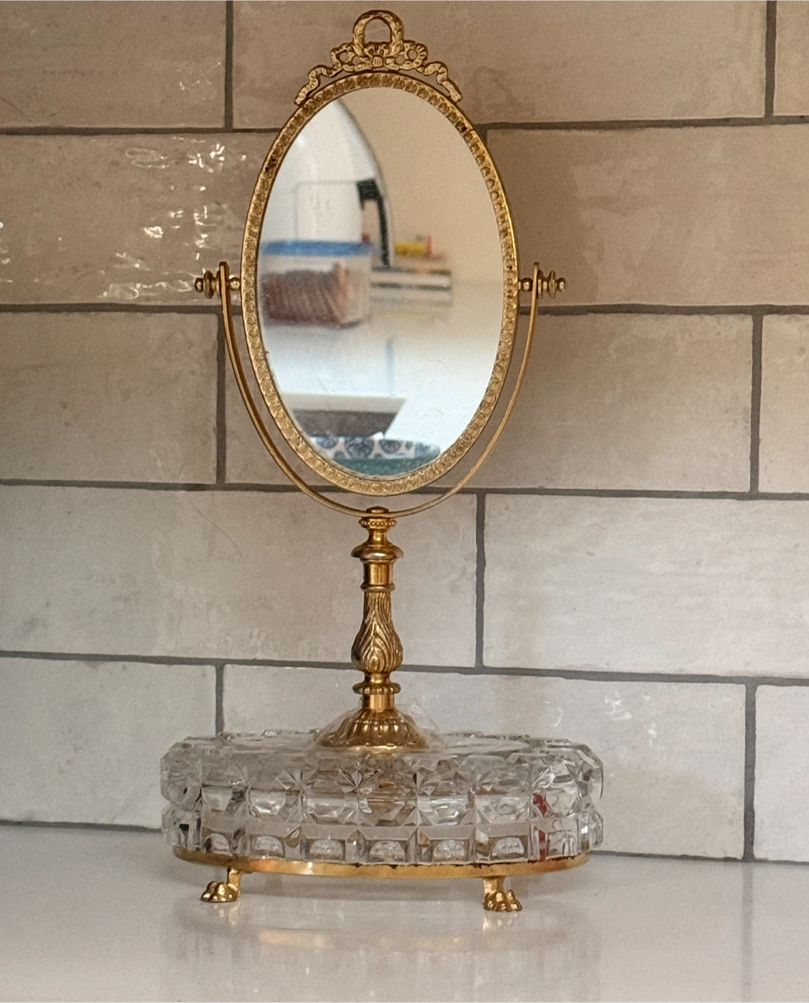 Antique Victorian Brass Footed Crystal Base Vanity Mirror - photo 5