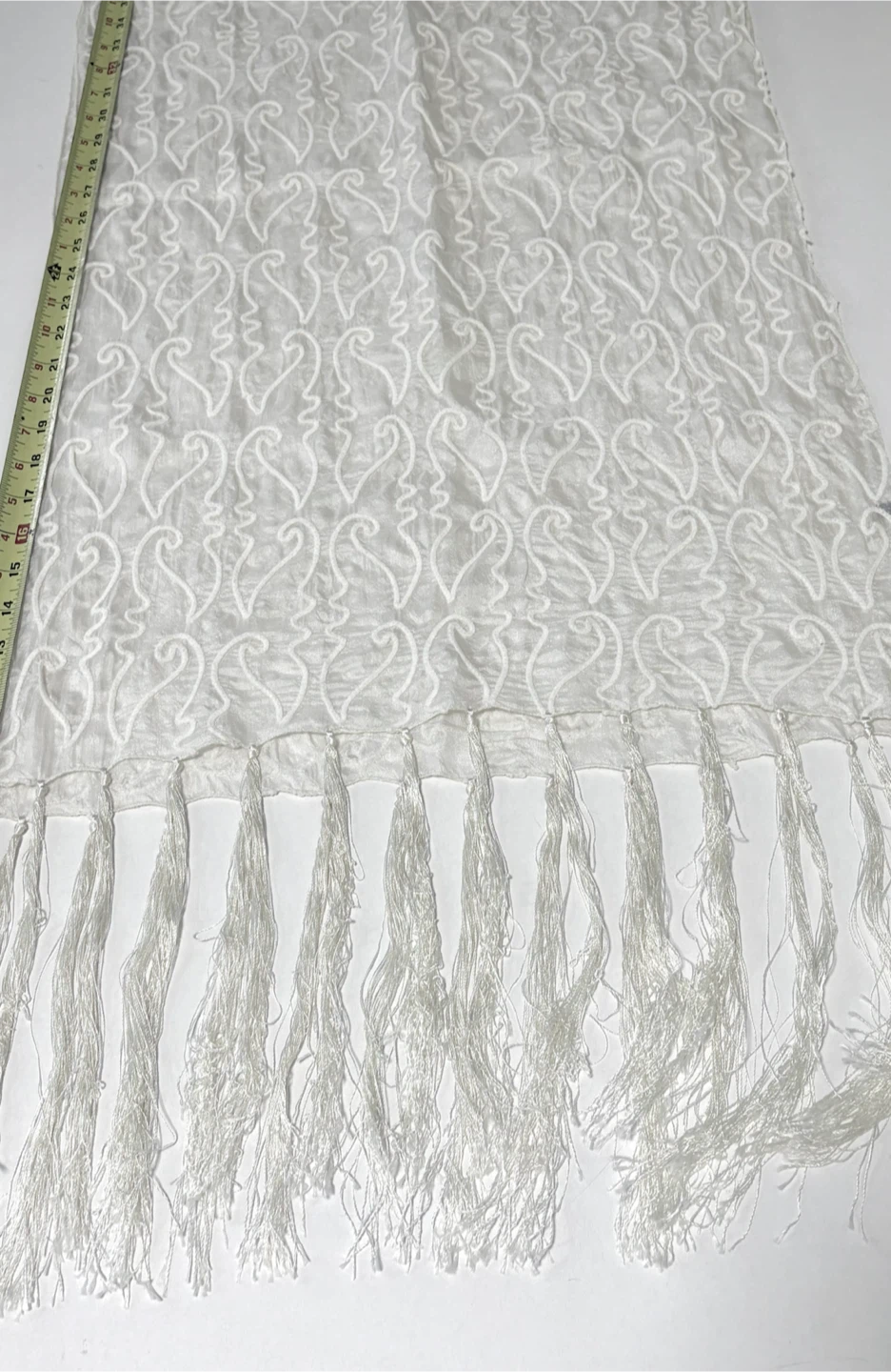 Vintage White Embroidered Scarf with Tassels