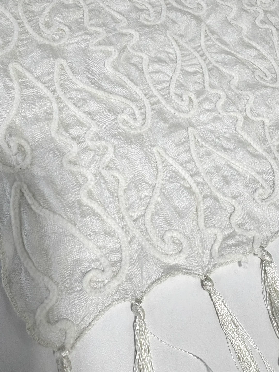 Vintage White Embroidered Scarf with Tassels - photo 2