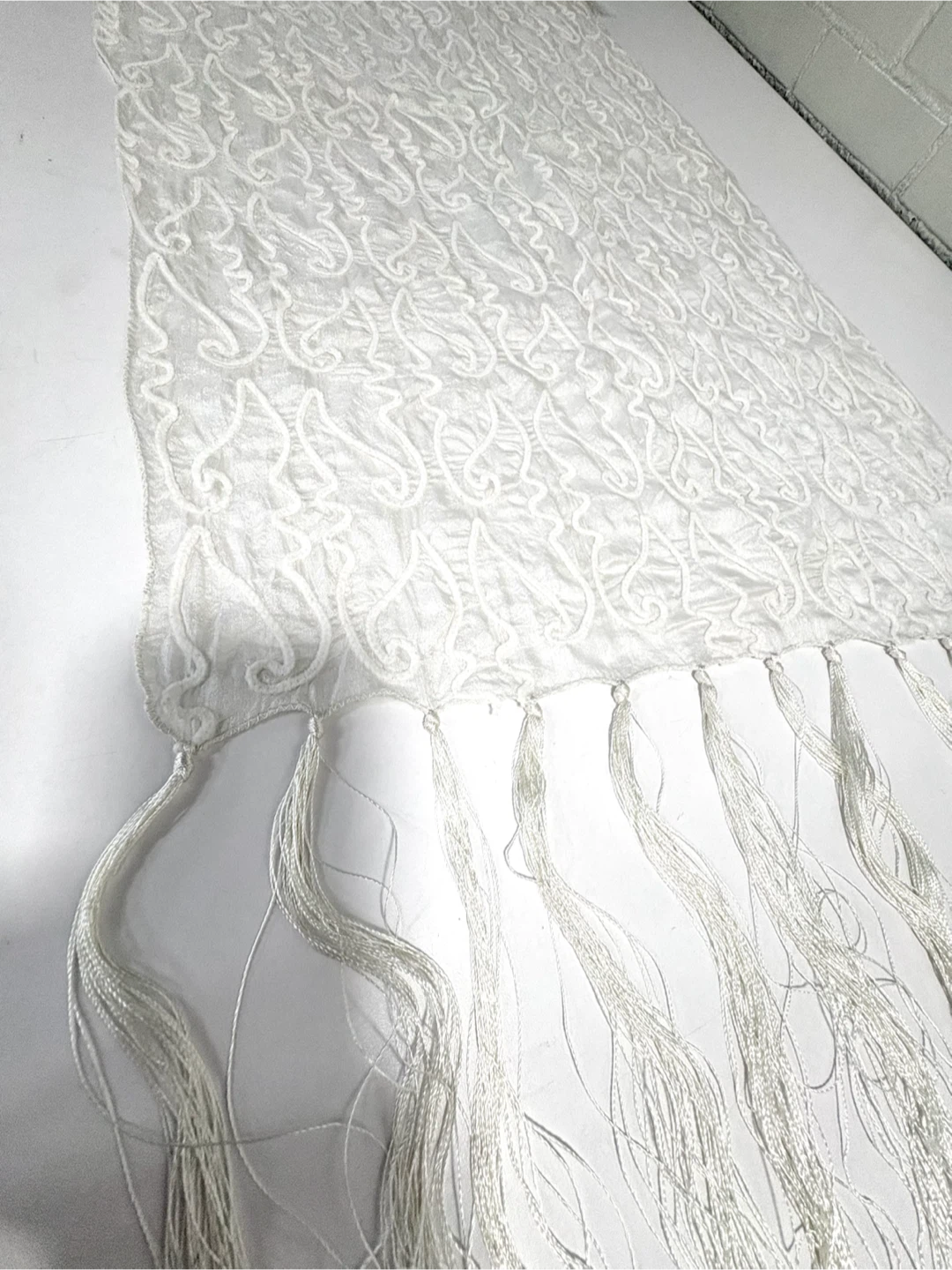 Vintage White Embroidered Scarf with Tassels - photo 4