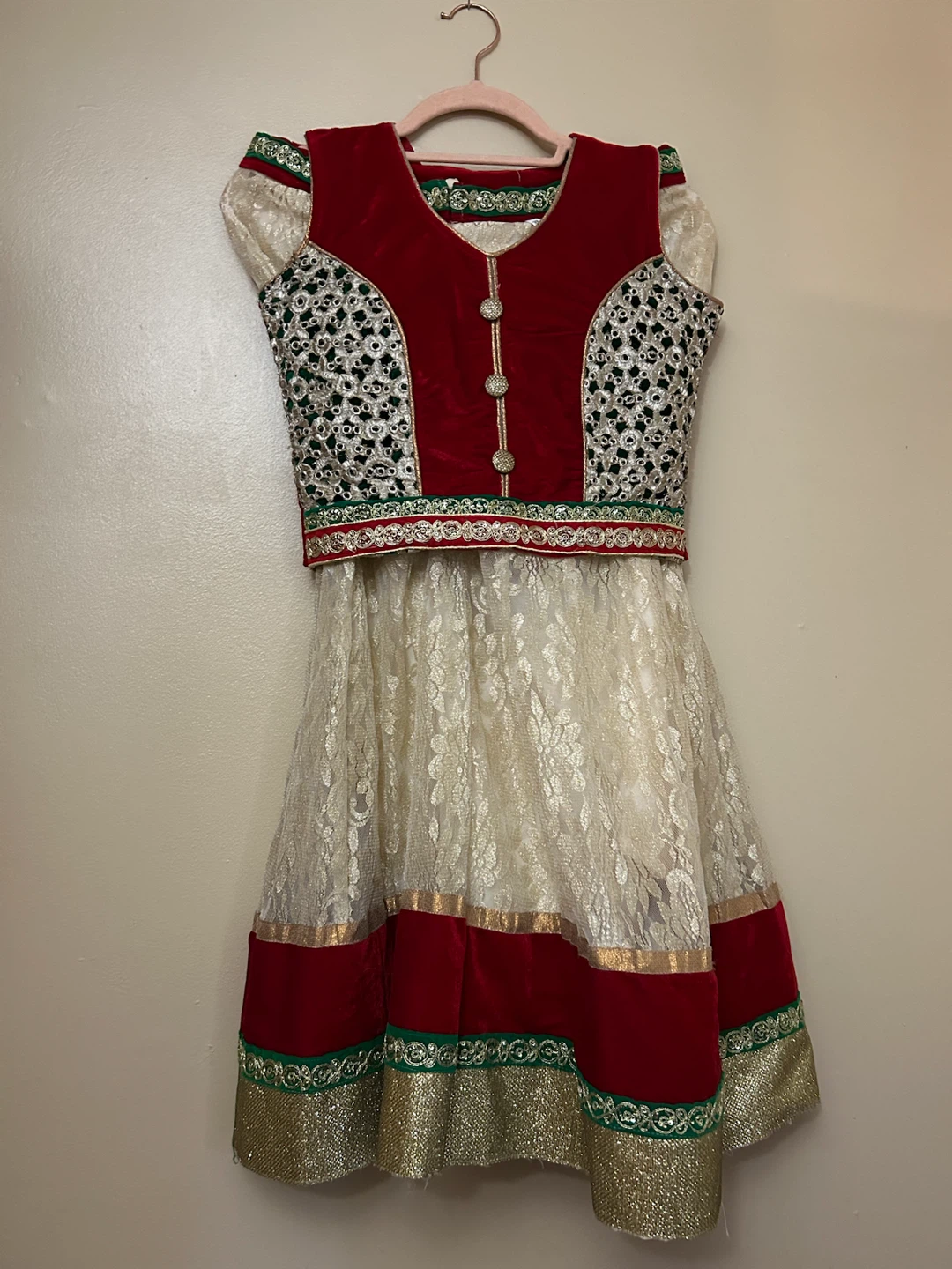 Kids Gold, Red & Green Traditional Indian Lehenga Set Size 32