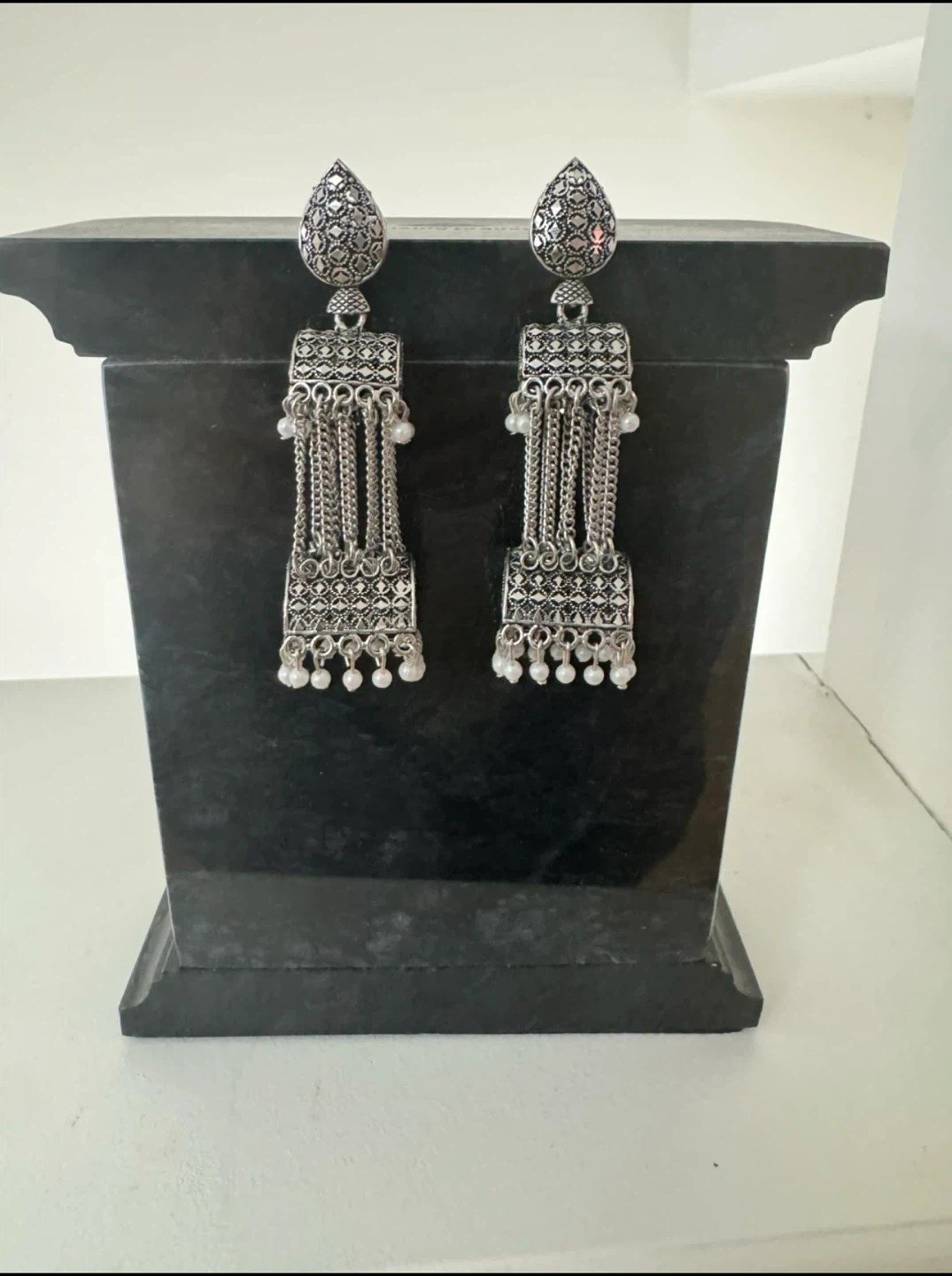 Brand New Silver Tassel Indian Jhumka Statement Earrings