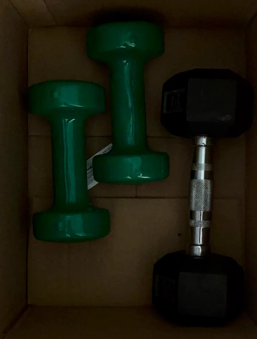Set of 3 Dumbbells: 2 Green (7 LB each), 1 Black (10 LB)