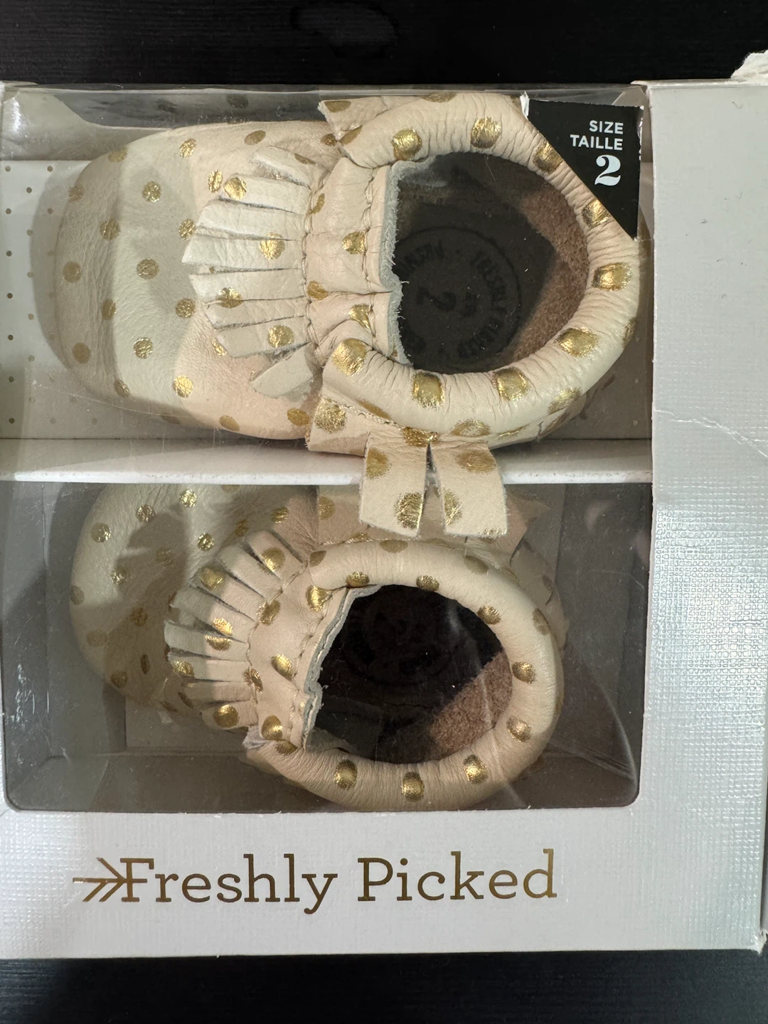 Freshly Picked Moccs Crib Shoes Size 2 Gold Polka Dot