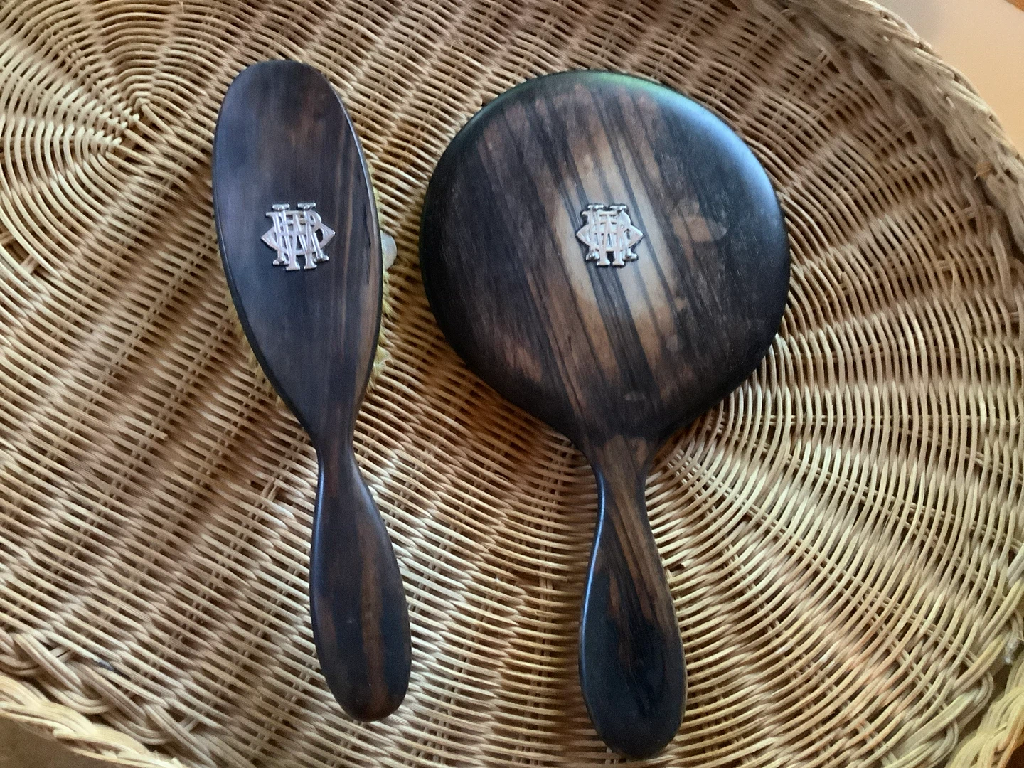 Antique Monogrammed Ebony Wood Hand Mirror & Brush 🐞