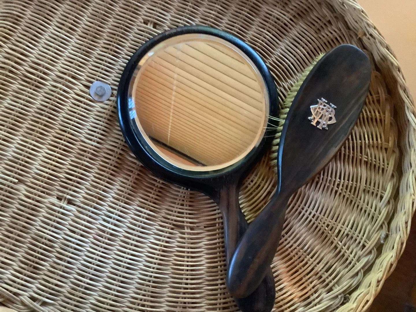 Antique Monogrammed Ebony Wood Hand Mirror & Brush 🐞 - photo 4