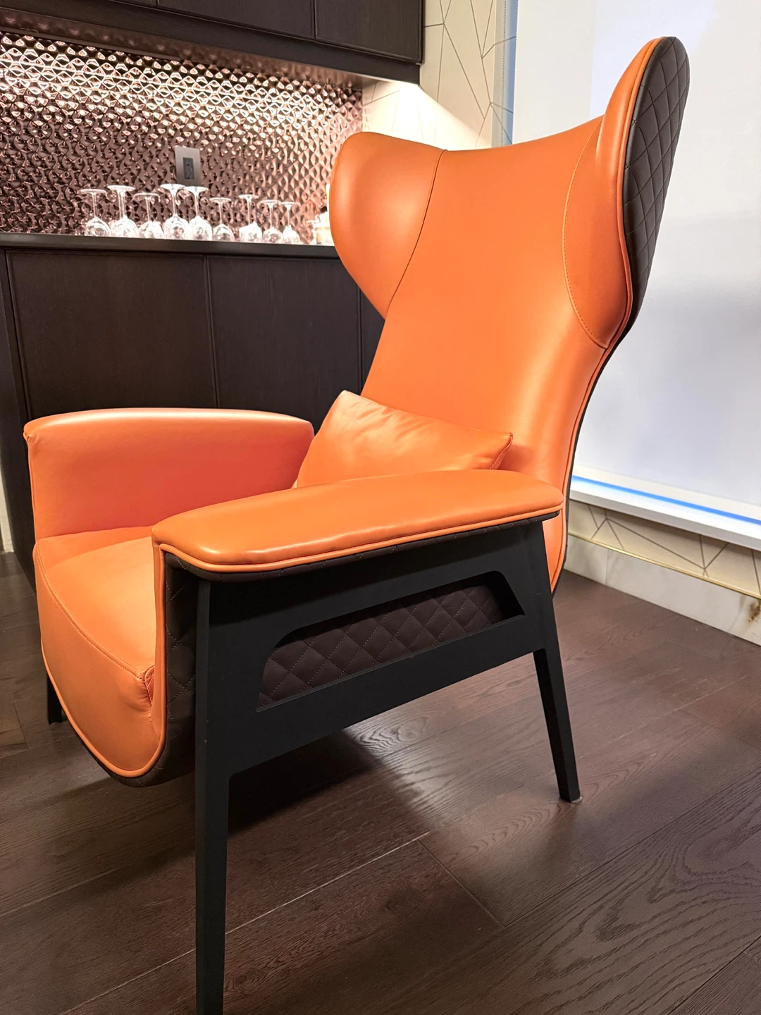 Orange Leather Armchair with Pillow