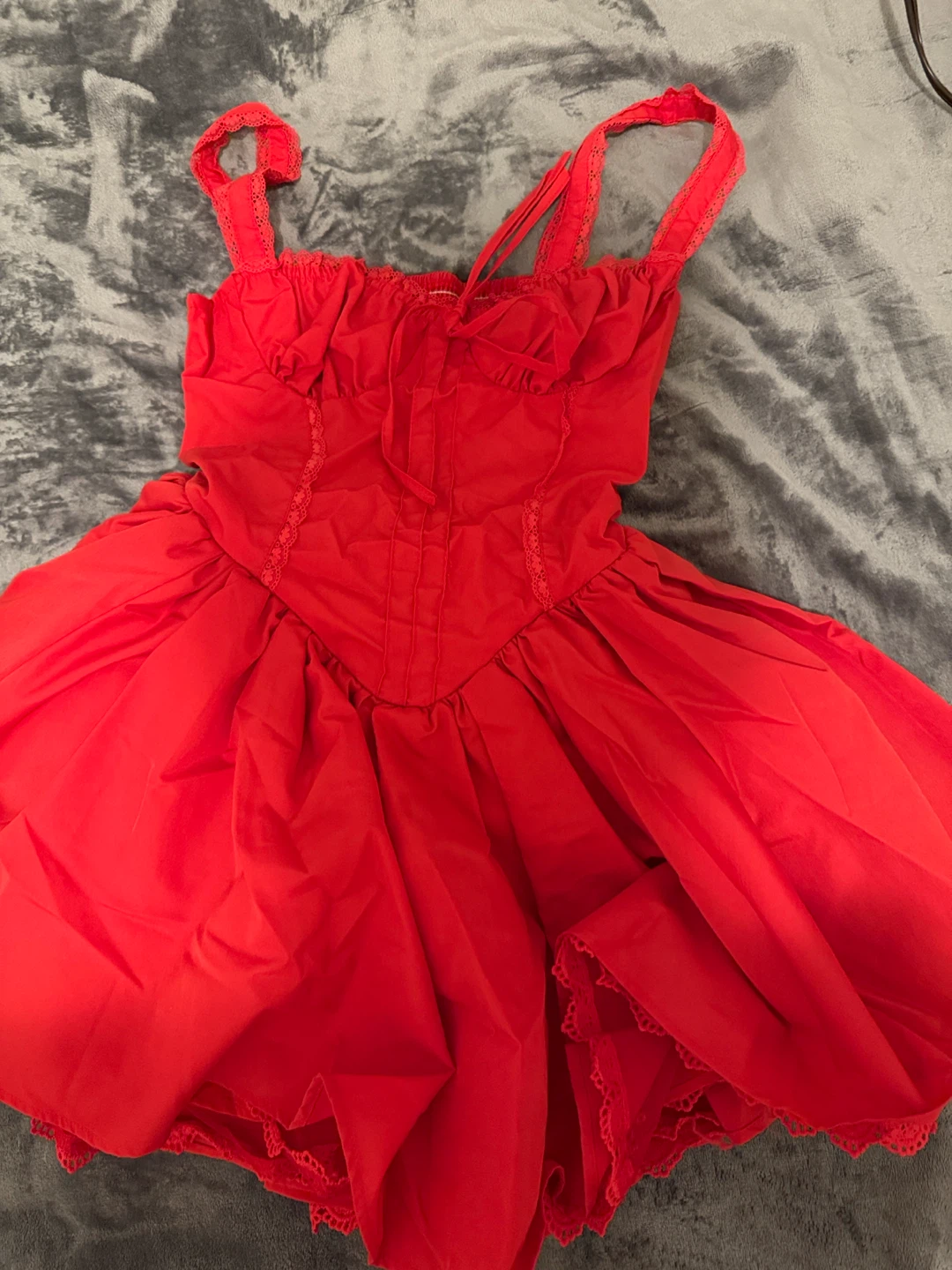 Red Lace Trim Dress with Smocked Bodice