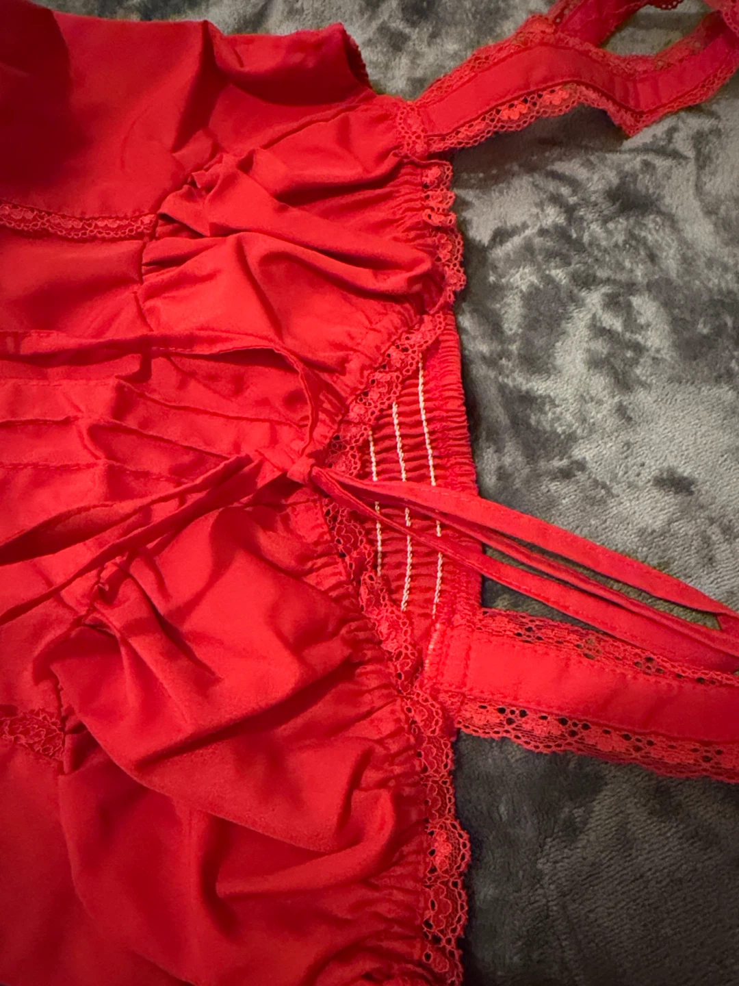 Red Lace Trim Dress with Smocked Bodice - photo 3