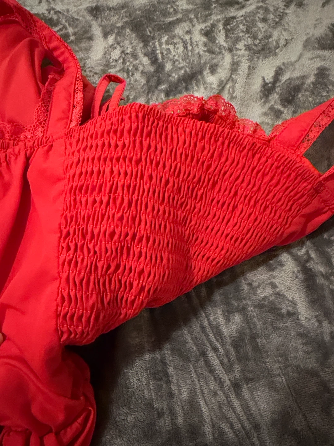Red Lace Trim Dress with Smocked Bodice - photo 4