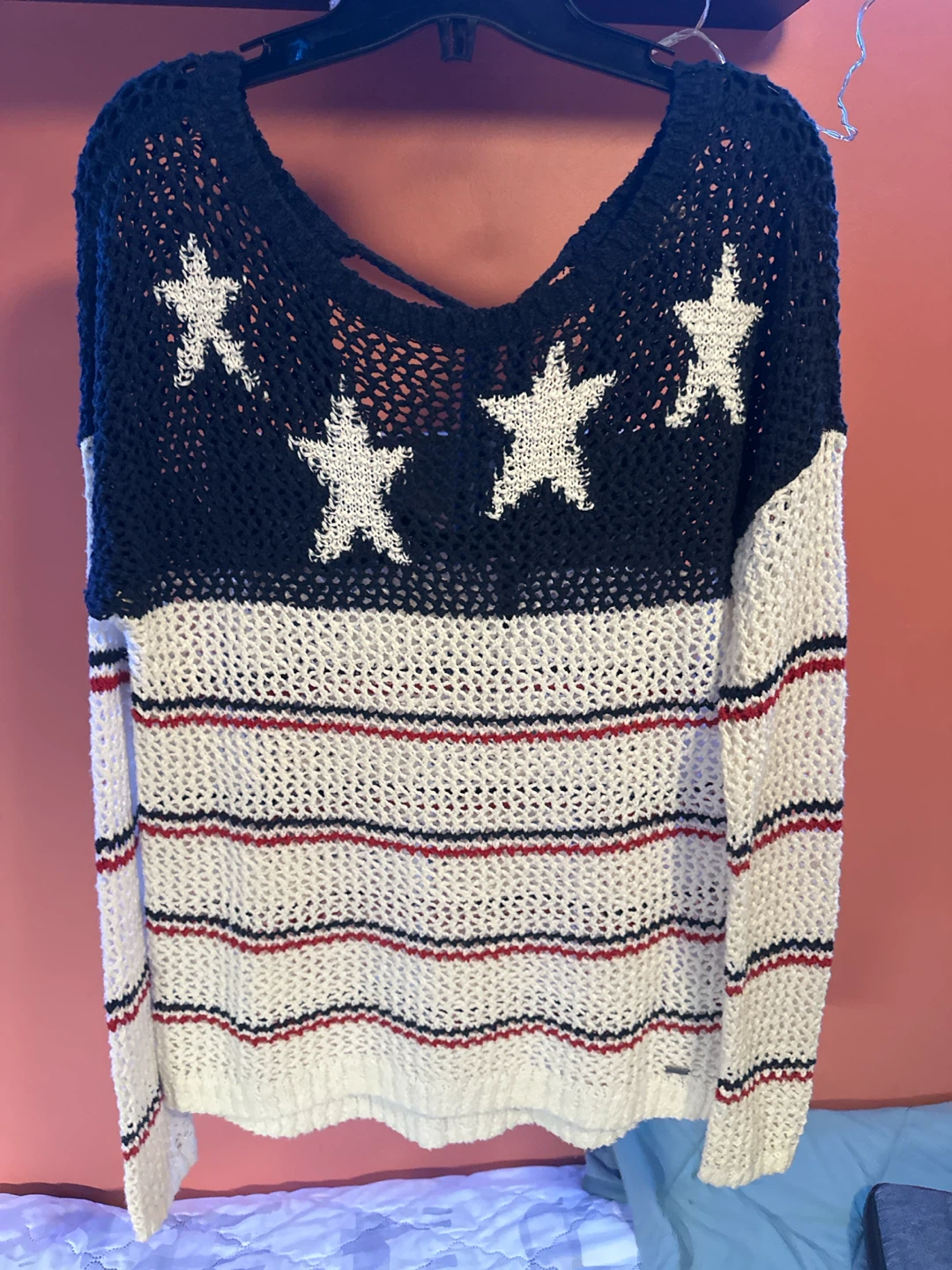 Hollister Women's Navy/White/Red Striped Star Sweater Size S