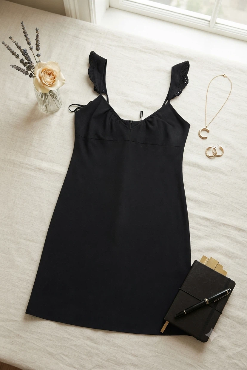 Brand New NAF NAF Black Dress with Eyelet Ruffle Straps