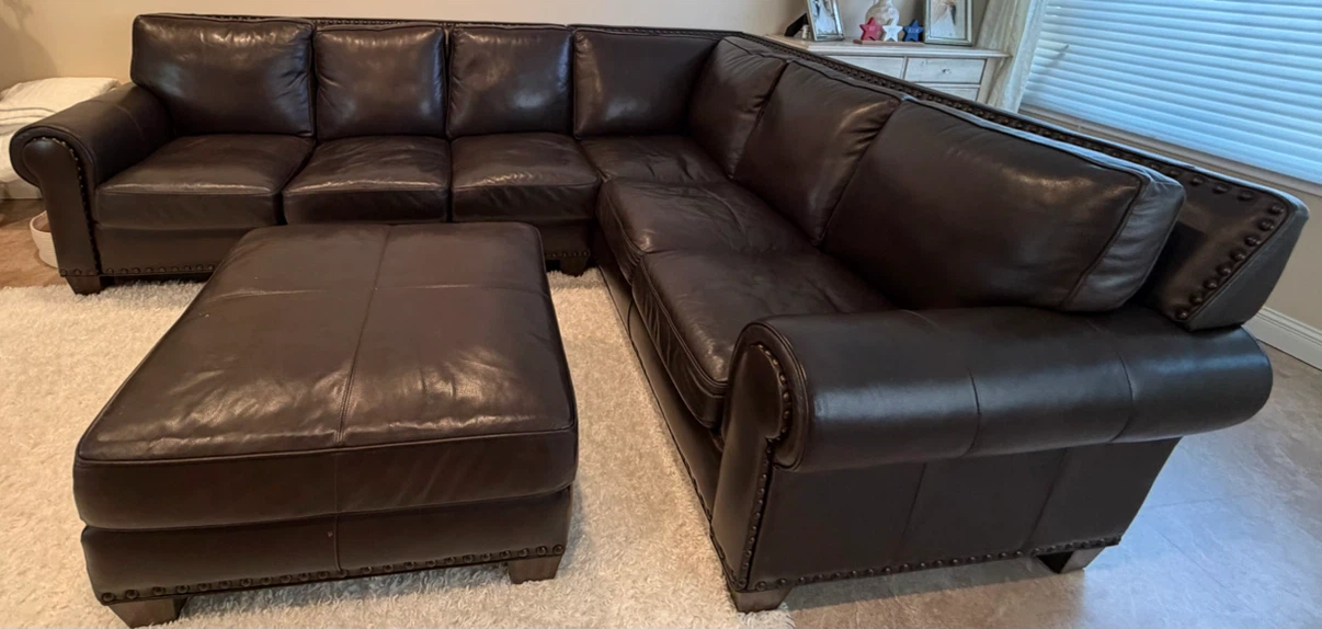 Dark Brown Leather Sectional Sofa with Ottoman