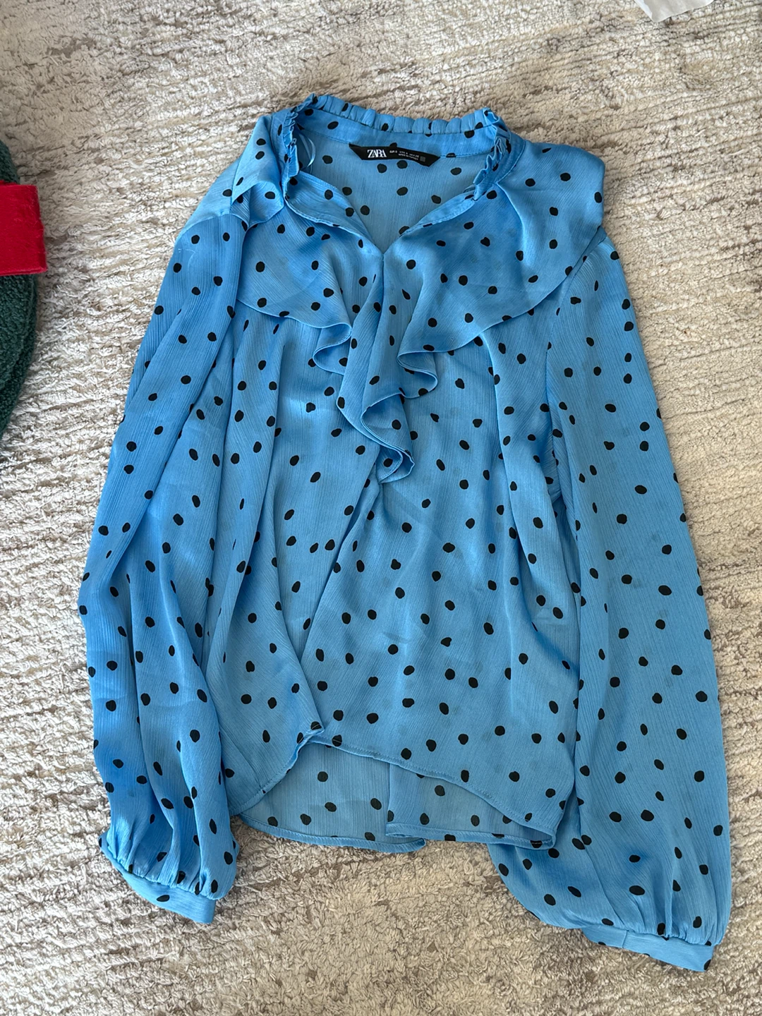 Blue polka dot ruffle blouse sizeS