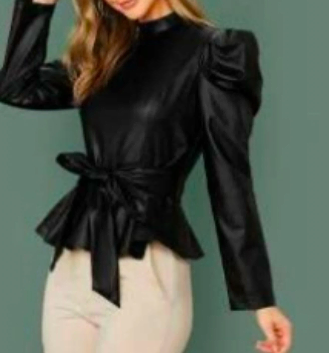 Black Faux Leather Puff Sleeve Blouse Size small