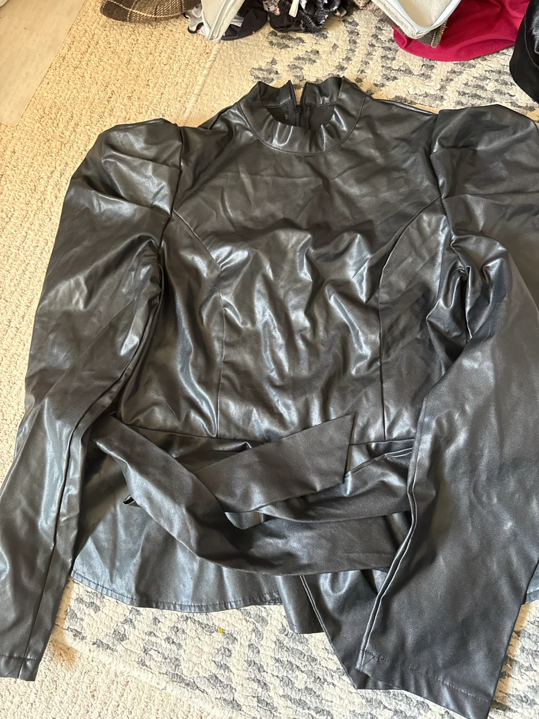 Black Faux Leather Puff Sleeve Blouse Size small - photo 2