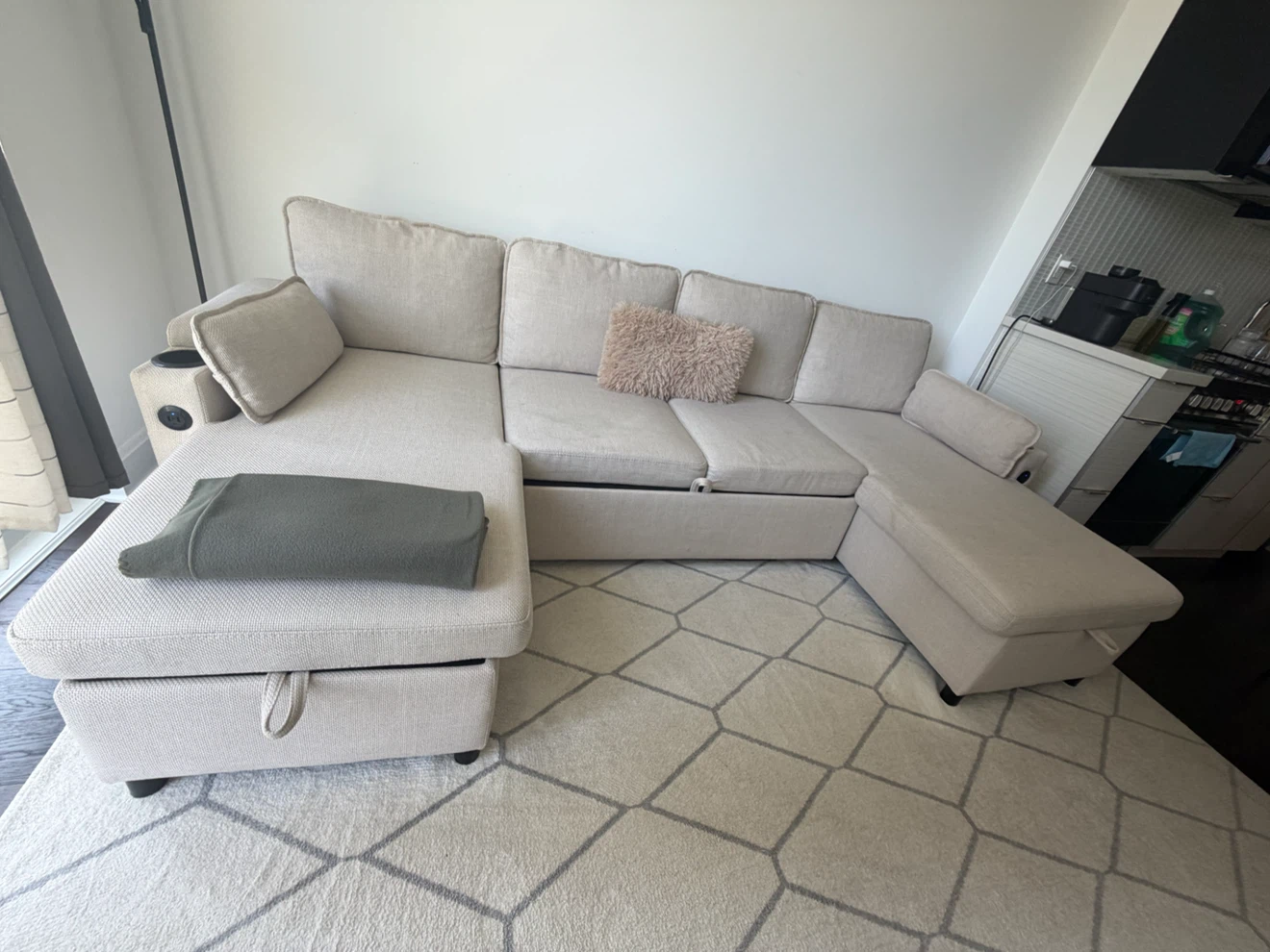 Beige Sectional Sofa with Storage and Cup Holders - photo 3