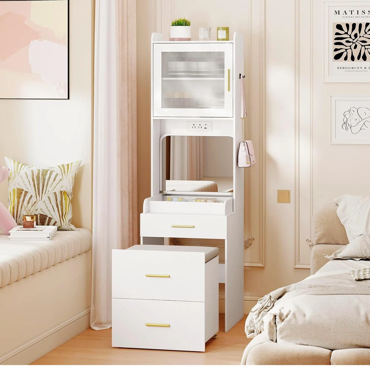 White Vanity Dresser with Mirror and Storage Drawers