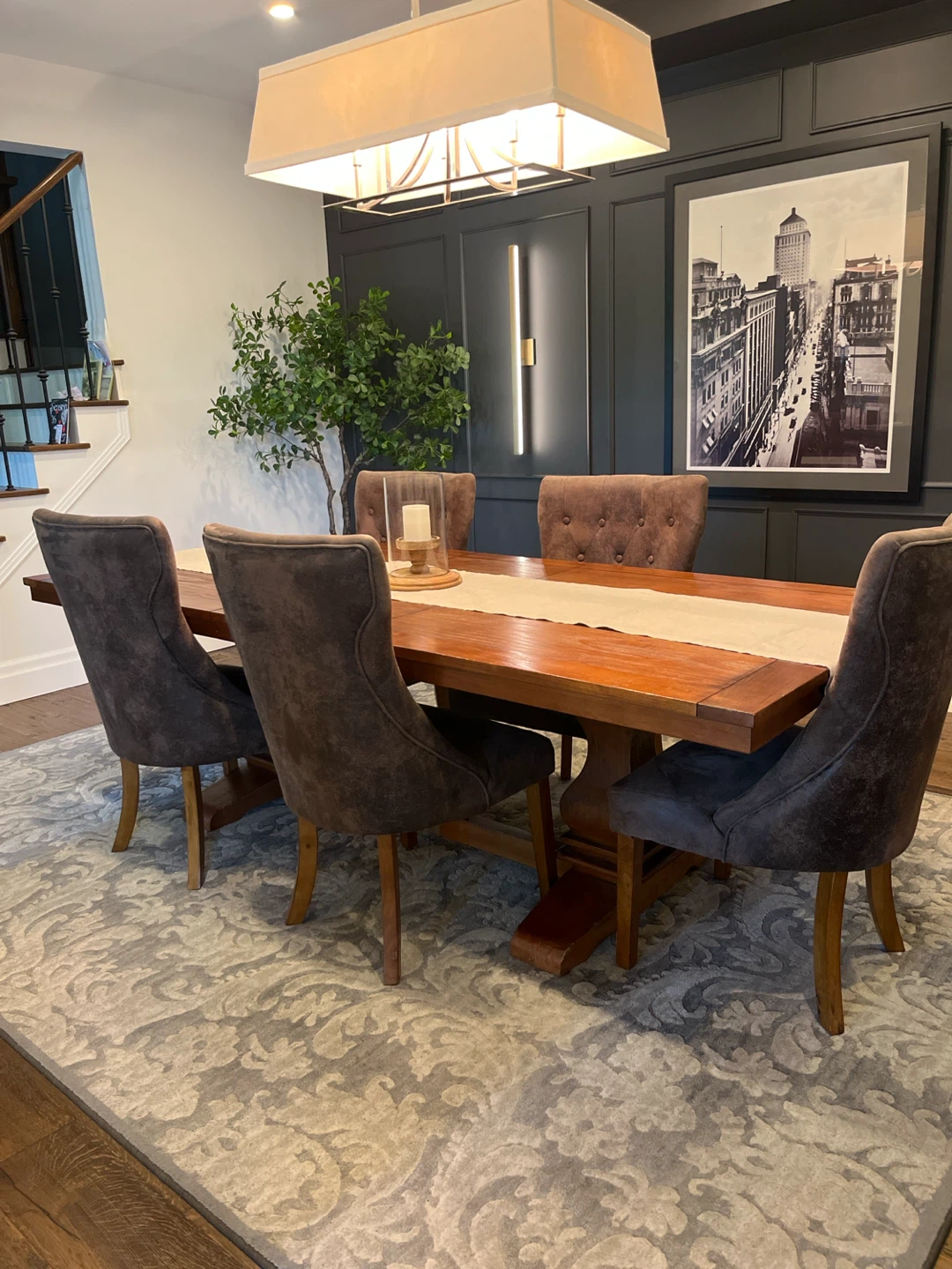 Wooden Dining Table with Upholstered Chairs