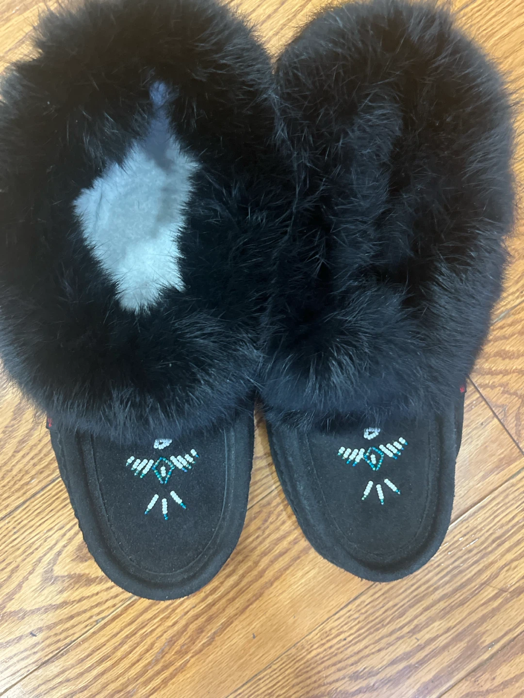Black Fur Moccasin Slippers with Beaded Design
