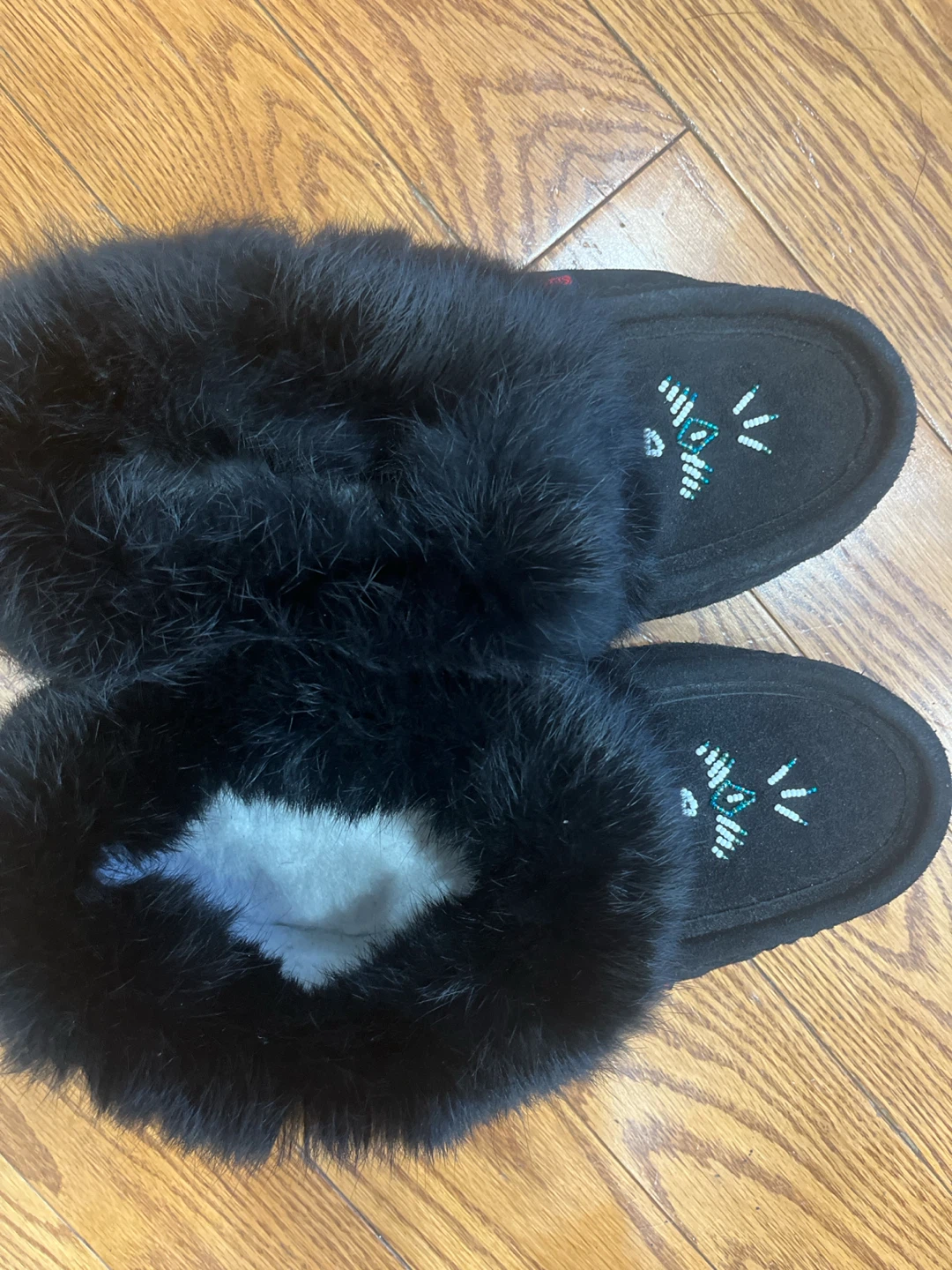Black Fur Moccasin Slippers with Beaded Design - photo 2