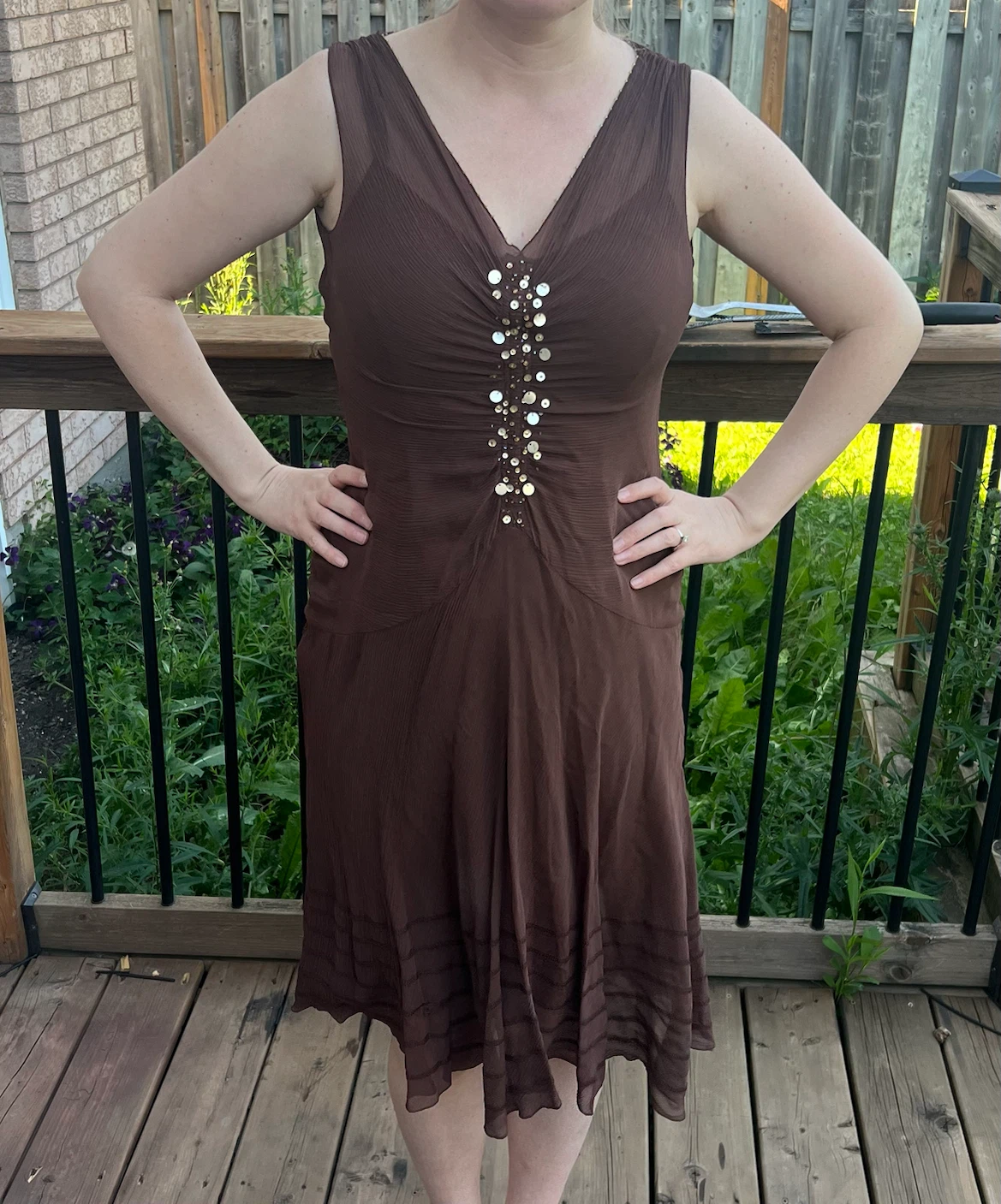 Nine West Brown Silk Beaded Dress Size medium