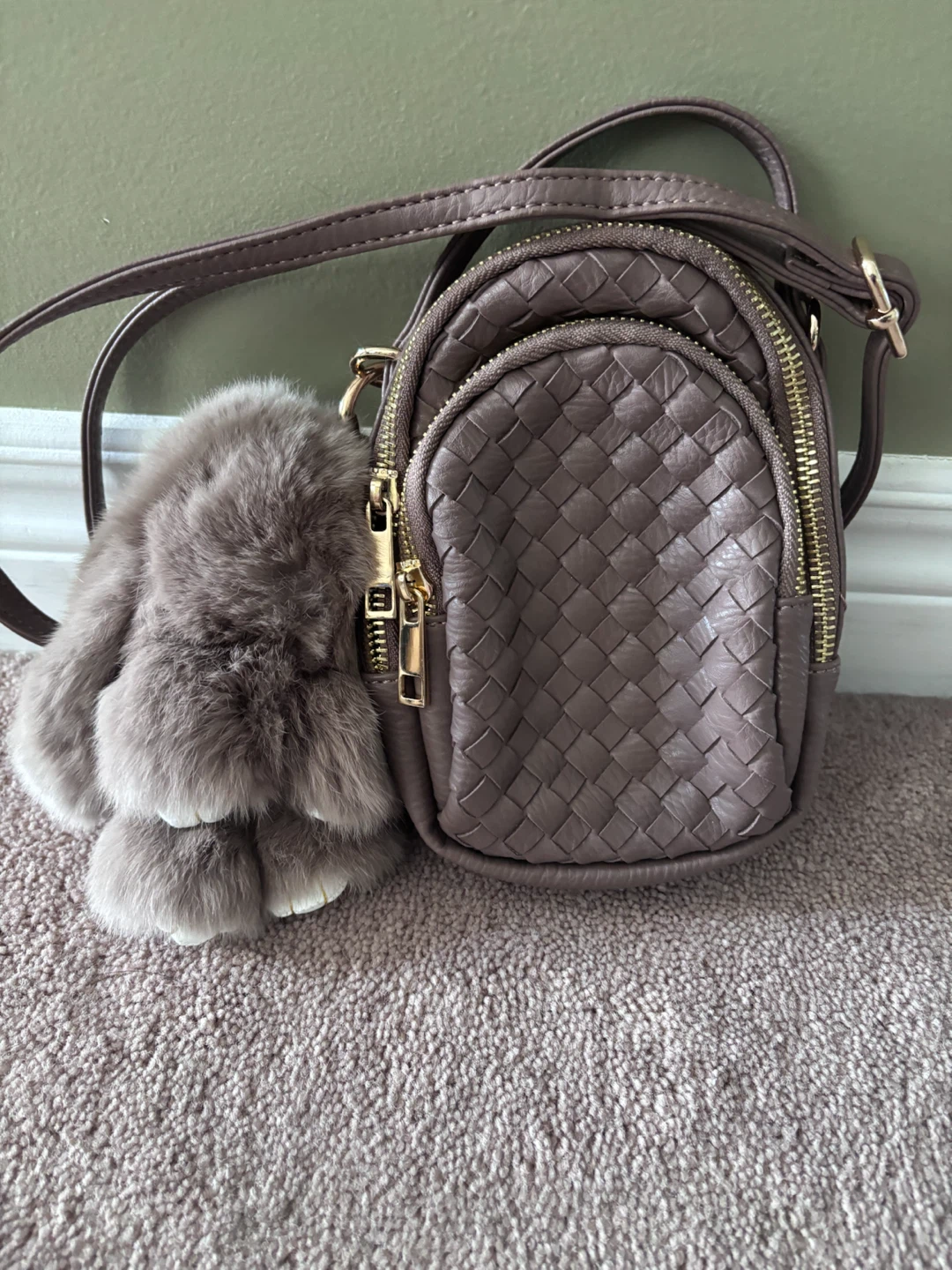 Small Woven Crossbody Bag with Furry Charm
