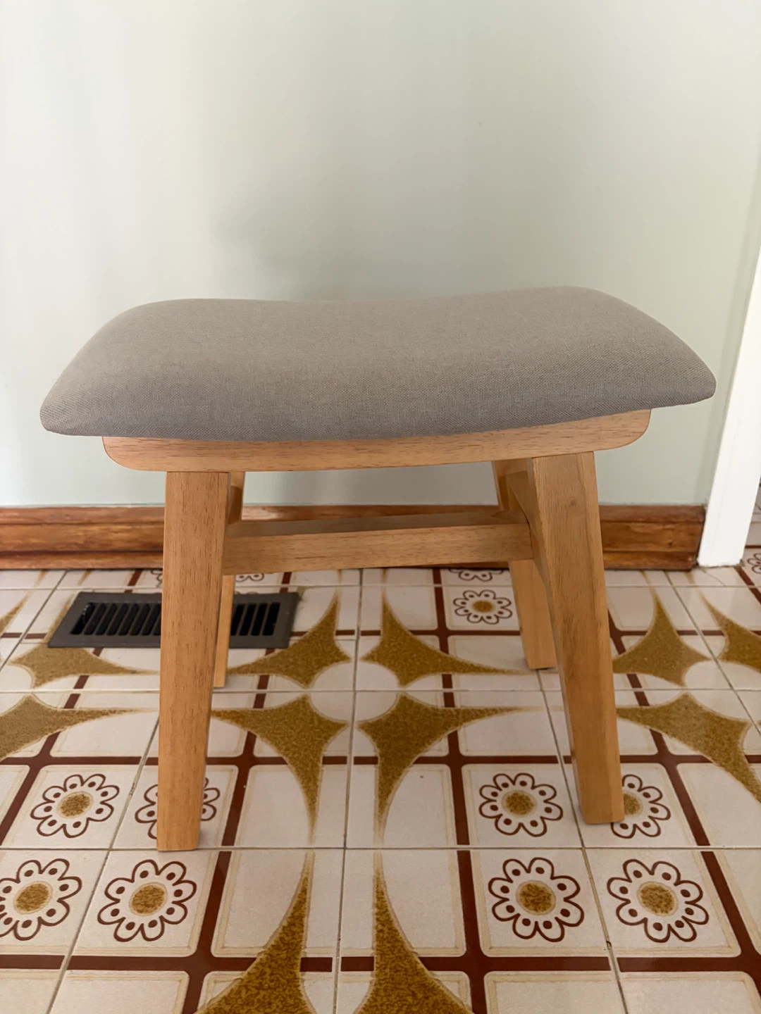 Grey Padded Stool with Wooden Legs