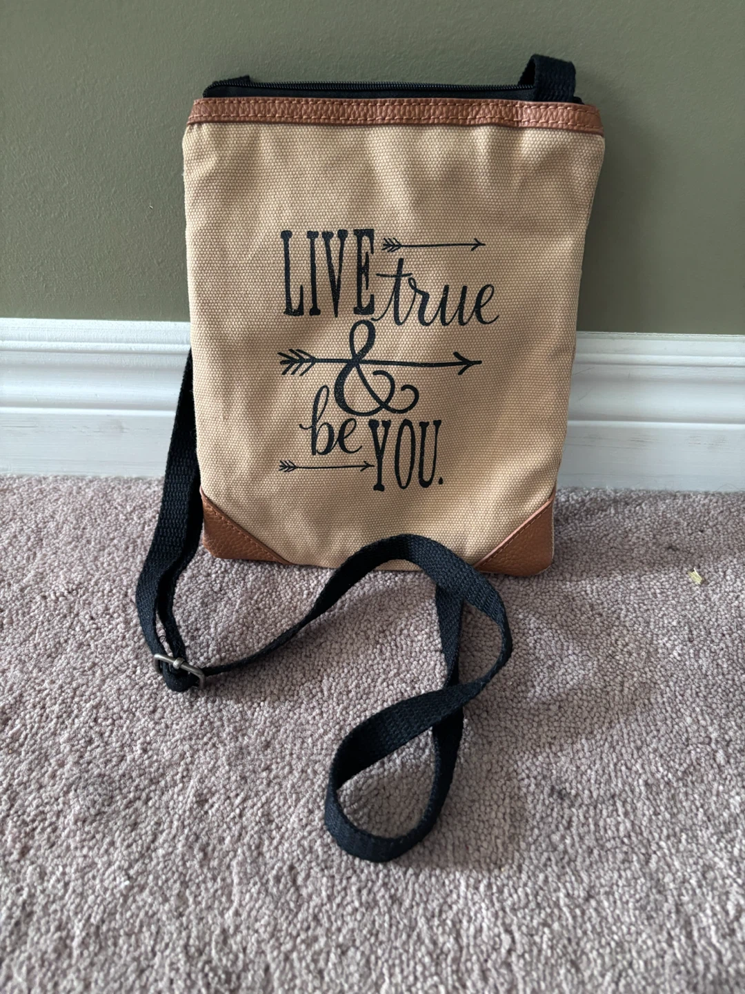 Canvas Crossbody Bag with "Live True & Be You" Graphic
