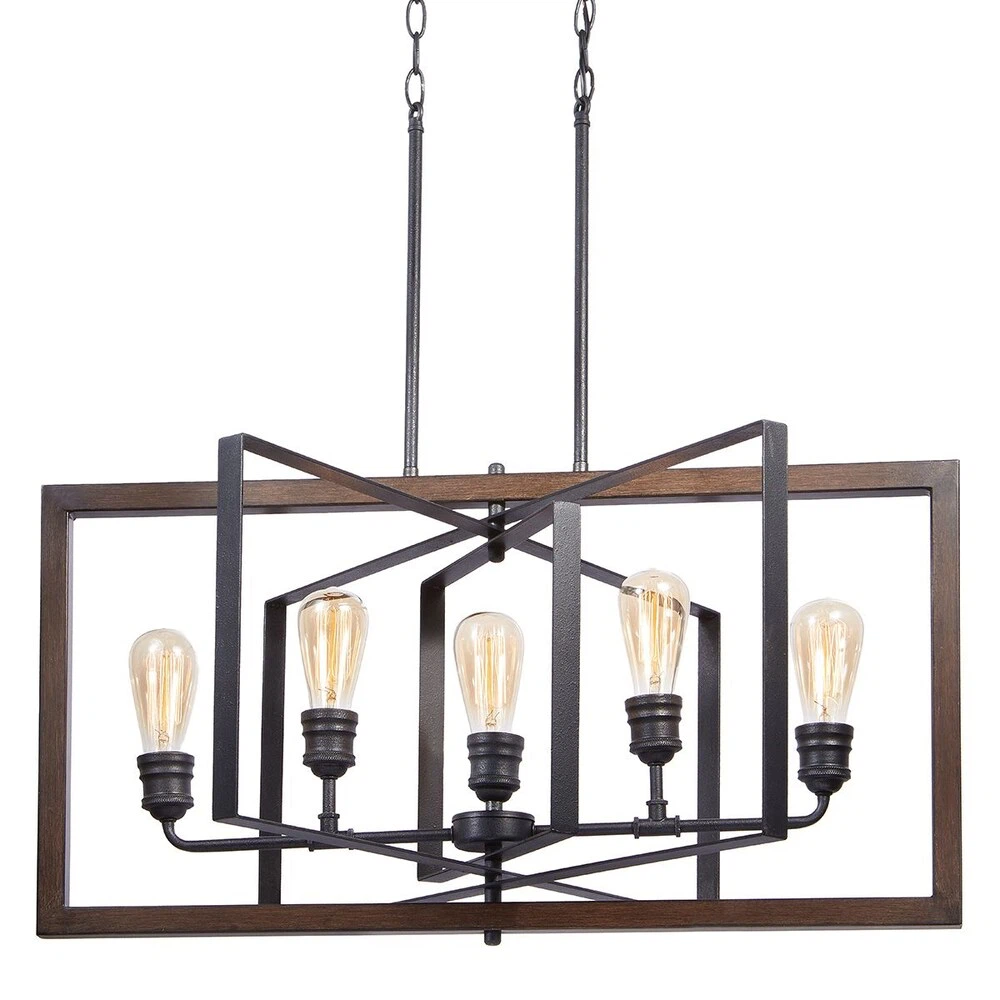 Black Metal and Wood 5-Light Chandelier