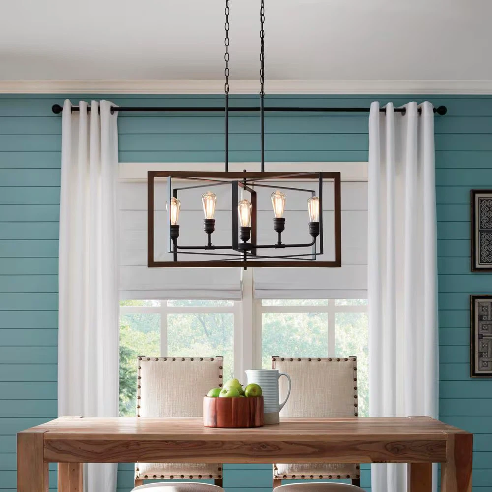 Black Metal and Wood 5-Light Chandelier - photo 5
