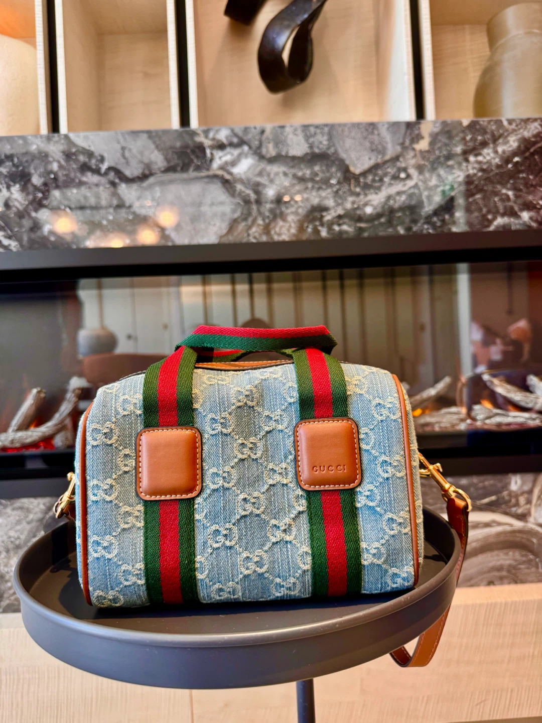 Gucci Denim Barrel Bag with Red and Green Stripe
