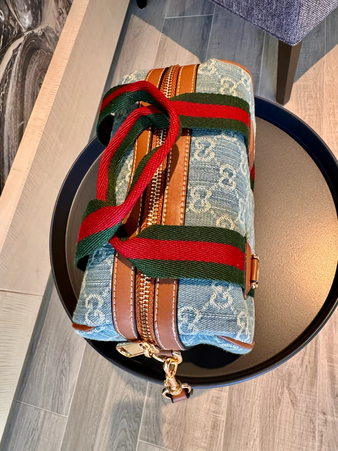 Gucci Denim Barrel Bag with Red and Green Stripe - photo 2