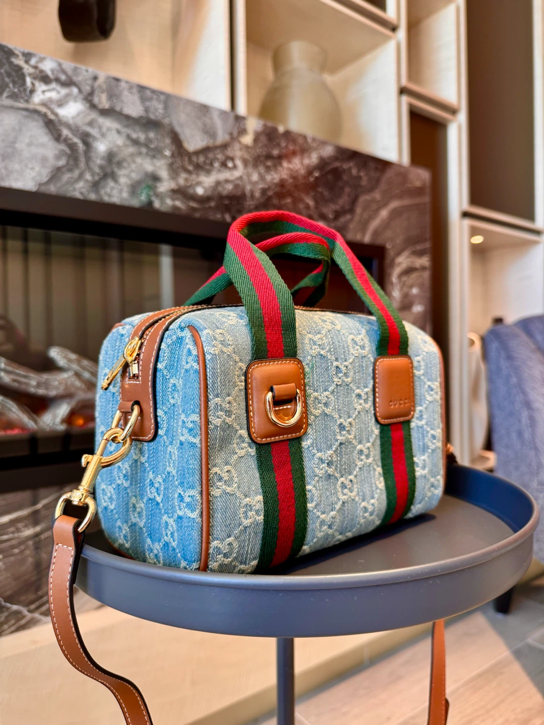 Gucci Denim Barrel Bag with Red and Green Stripe - photo 3