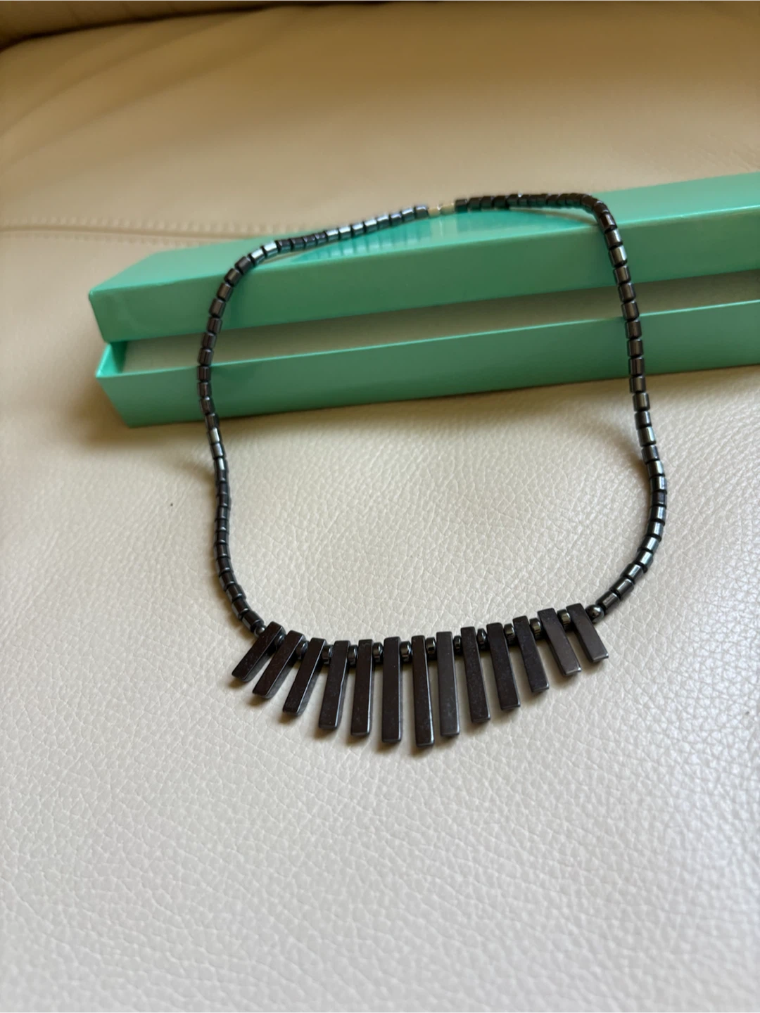 Hematite Bead Necklace with Rectangular Pendant