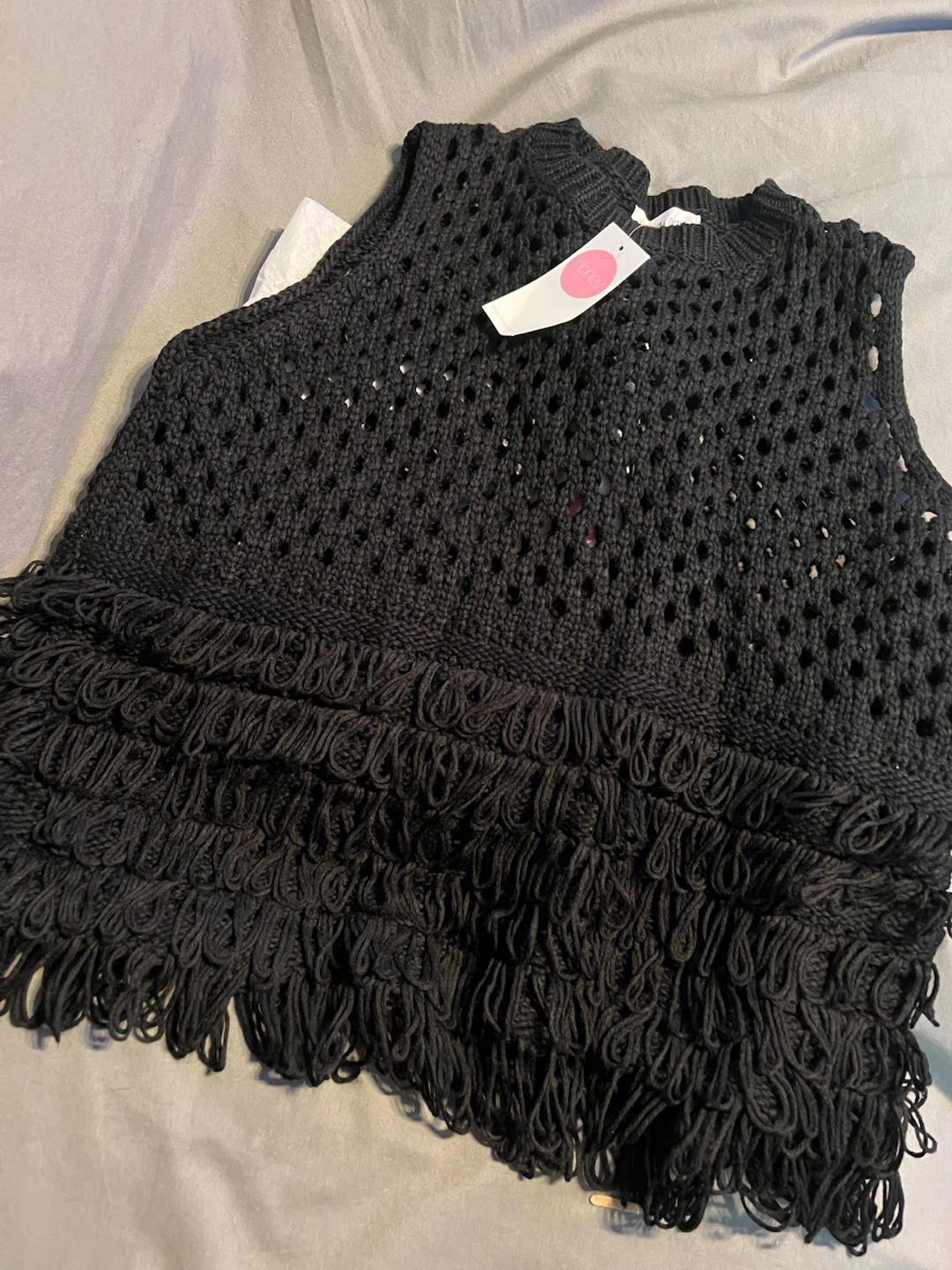 White Room + Cactus Black Crocheted Fringe Sweater M