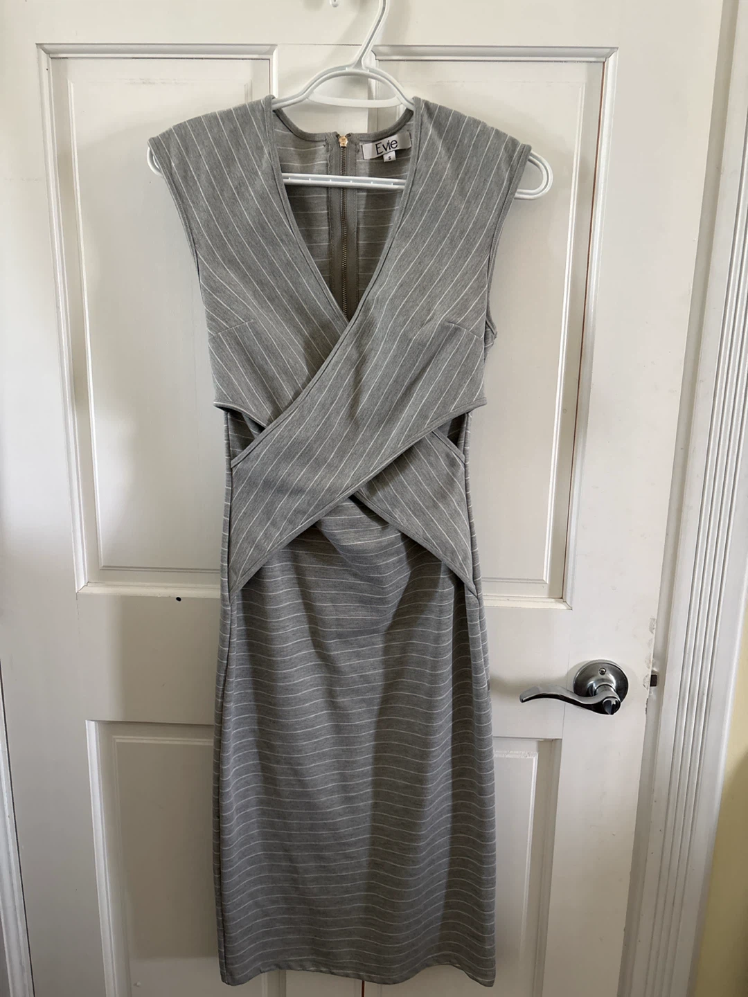 Evie grey pinstripe wrap dress