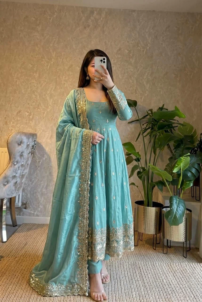 Teal Embroidered Anarkali Suit Set