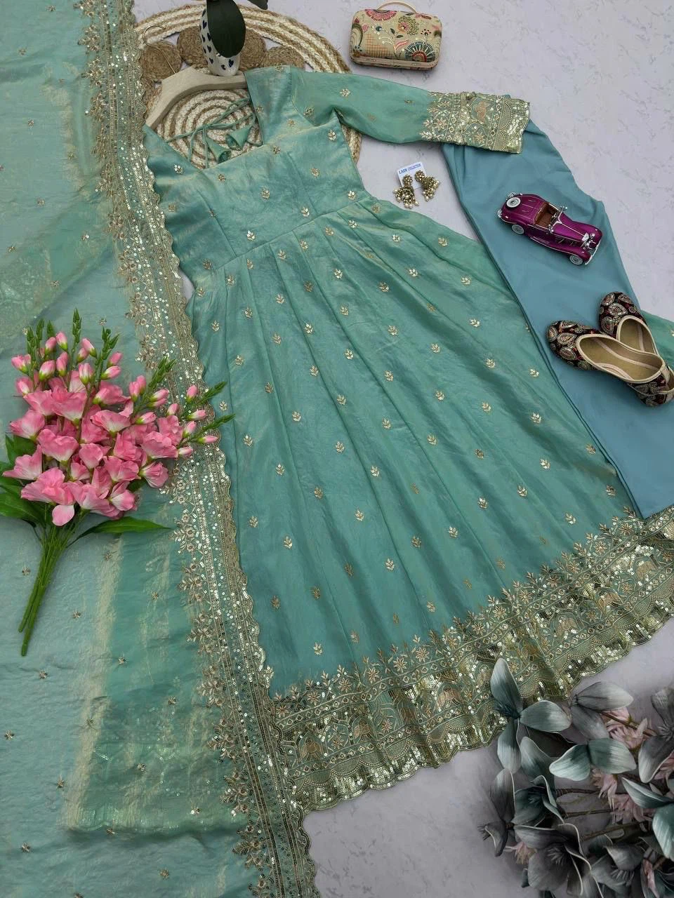 Teal Embroidered Anarkali Suit Set - photo 2