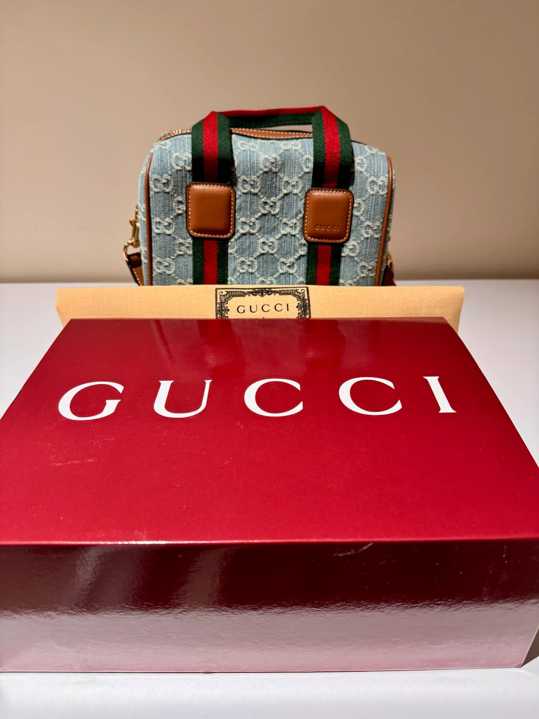 Gucci Denim Barrel Bag with Red and Green Stripe - photo 4