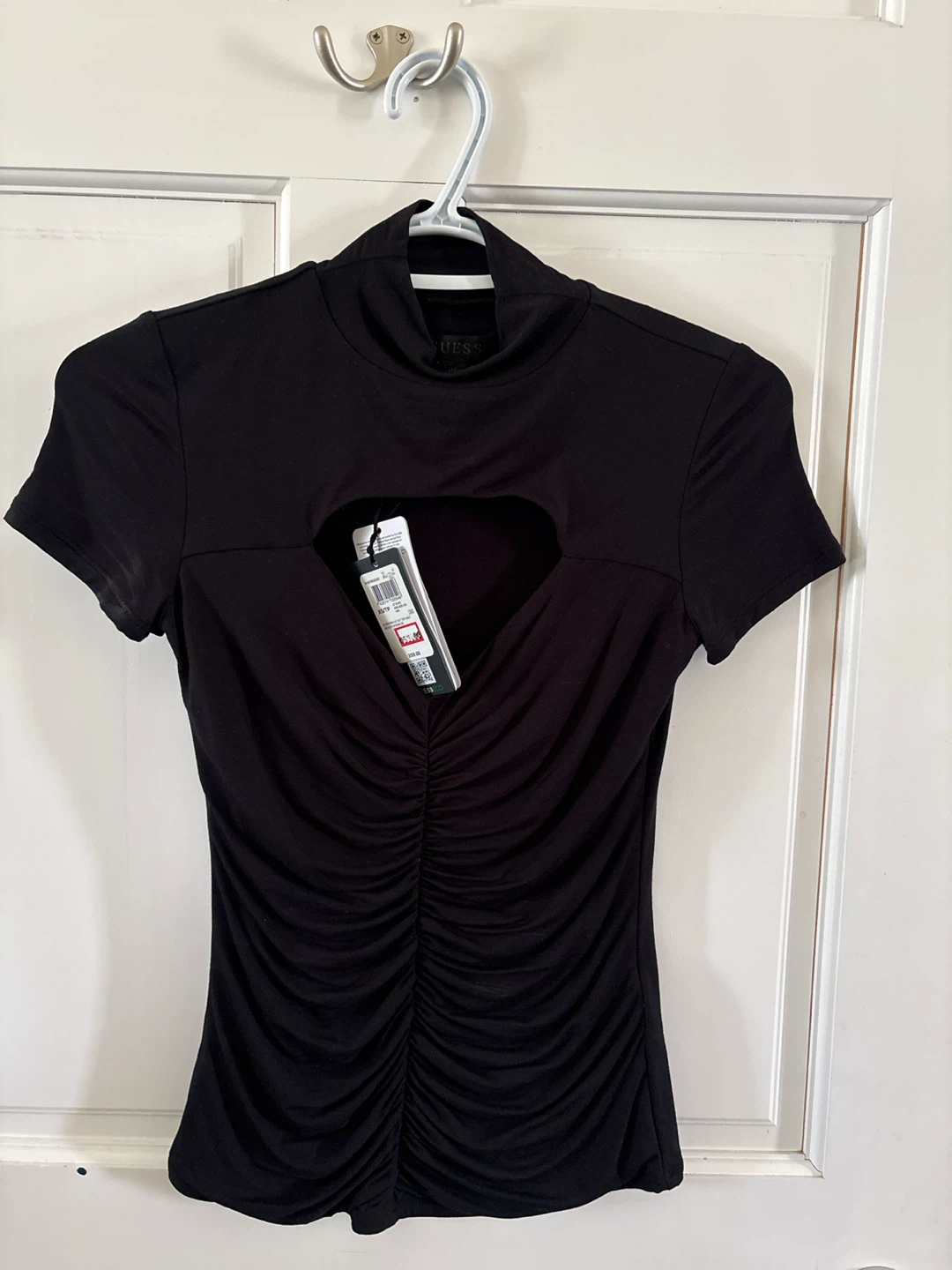 Guess Black Cut-Out Ruched Mock Neck Top