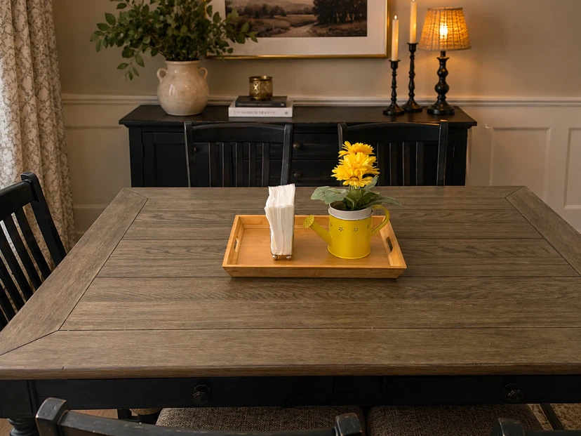 Dark Wood Dining Set with Wine Rack Shelf
