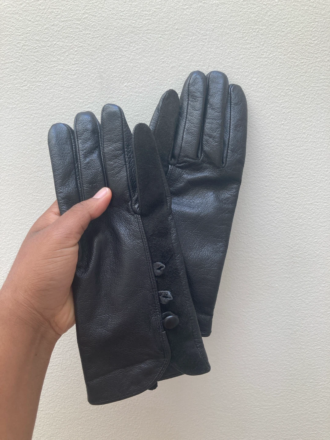 Black Leather Gloves with Button Detail
