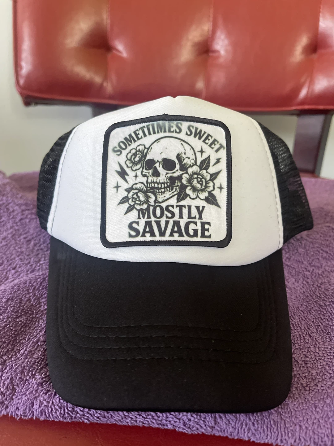 Sometimes Sweet Mostly Savage Skull Graphic Trucker Hat