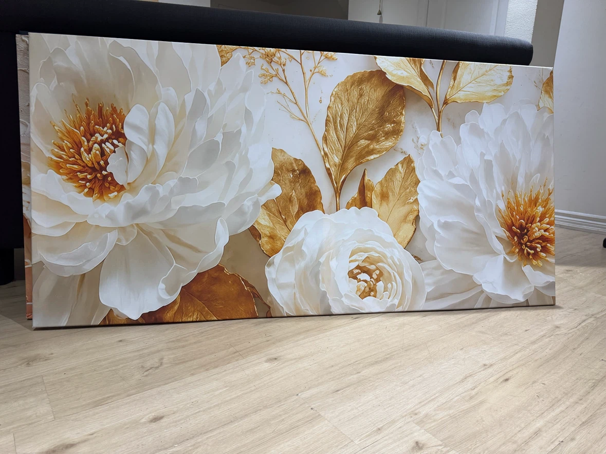 Floral Canvas Wall Art Print - White & Gold Peonies