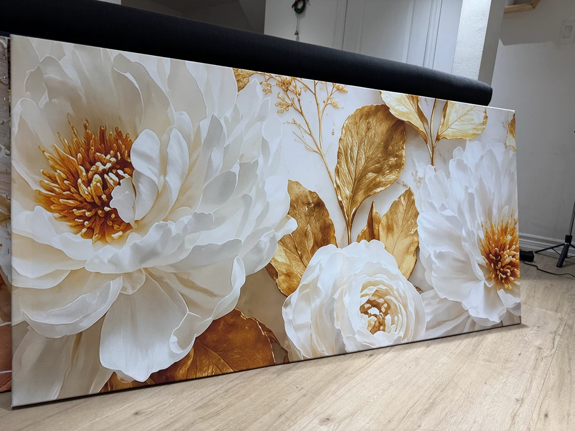 Floral Canvas Wall Art Print - White & Gold Peonies - photo 2